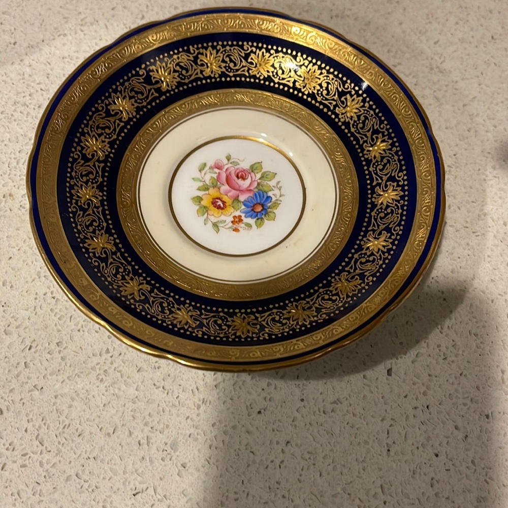 Aynsley Bone China saucer. 6” in blue and gold